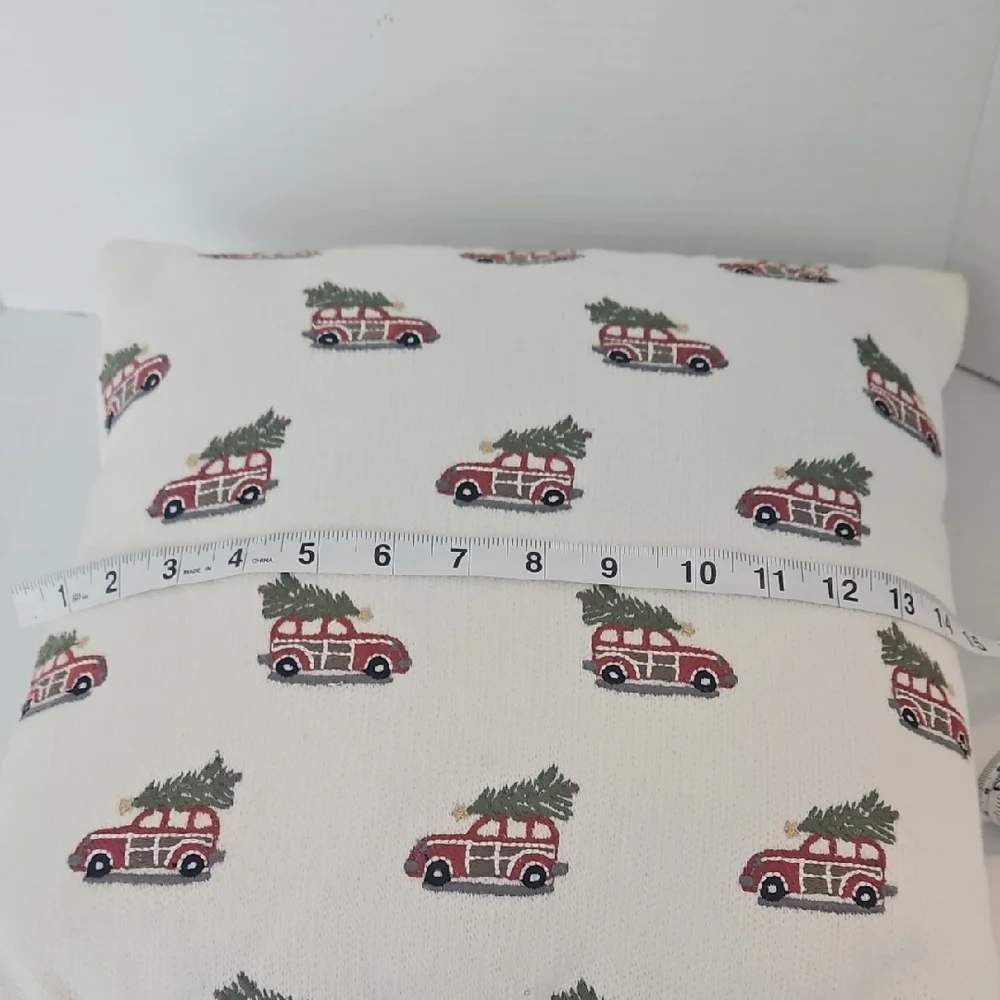 Pottery Barn Festive Red Mini Woody Car Green Trees Holiday Crewel Pillow
